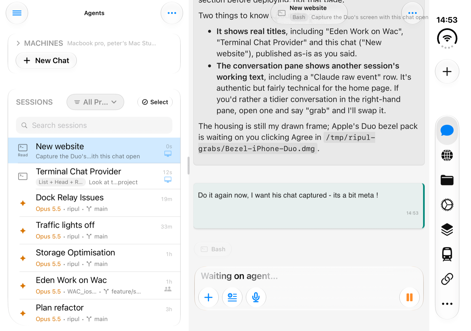 Ripul on an iPhone Duo held sideways: the list of conversations on the left and the open conversation beside it, with the app's sections down the right edge.