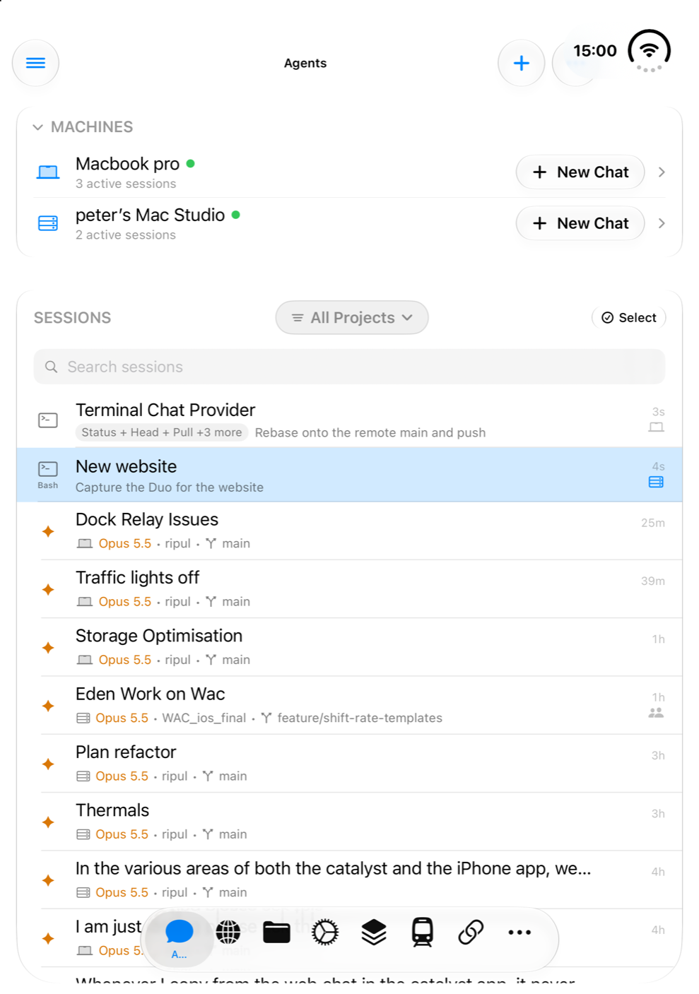 Ripul on an open iPhone Duo: two Macs at the top, each online with its active conversations and a New Chat button, and below them the list of every conversation.