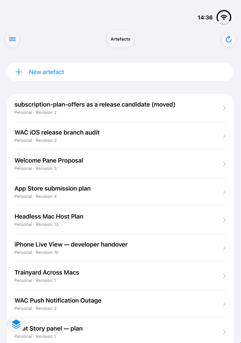 The Artefacts screen in Ripul on an iPhone Duo: a list of saved plans and tools, each with its revision.