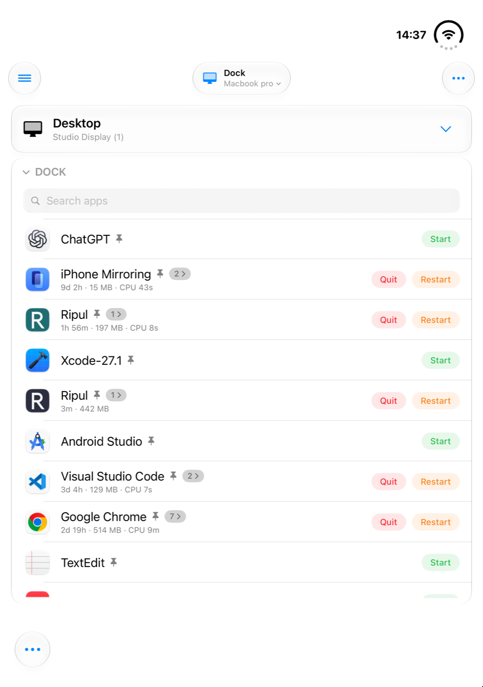 The Dock of a Mac shown in Ripul on an iPhone Duo: each app with buttons to start, quit or restart it.