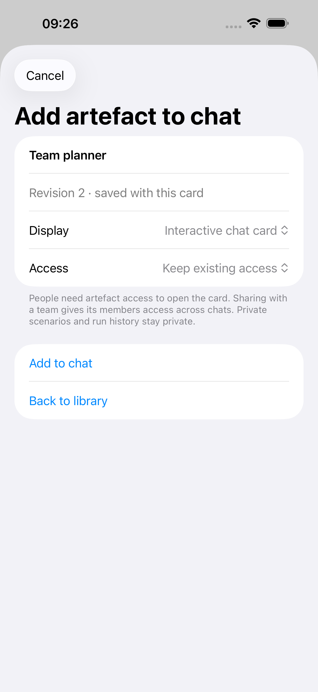 Ripul’s Add artefact to chat sheet on iPhone, showing a Team planner with revision, display and access options.