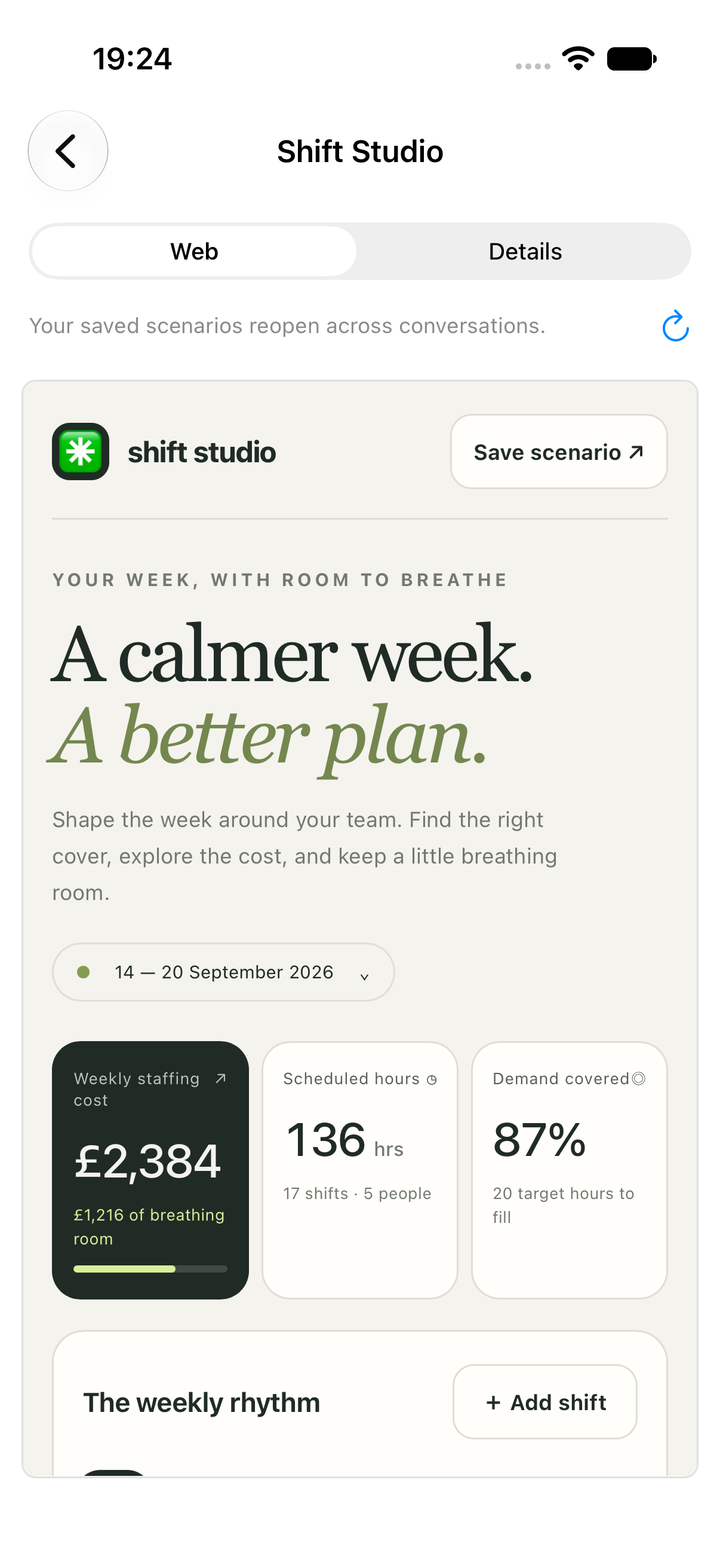 Ripul on iPhone showing the Shift Studio artefact, with a weekly staffing plan and cost summary.