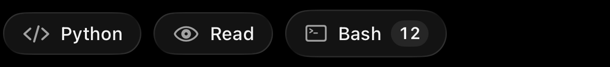 Ripul’s native tool controls showing Python, Read and a group of twelve Bash actions.