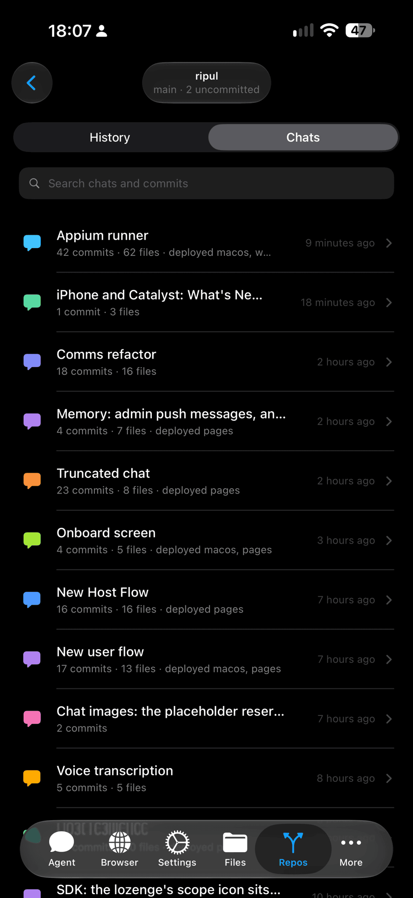 The Chats view of a project on iPhone: each conversation with how many changes and files it made and where it went live.