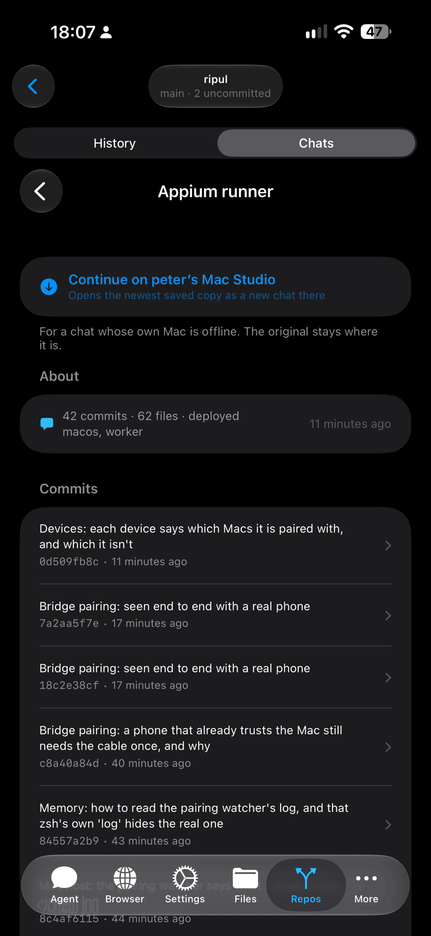 A conversation's screen on iPhone, with a Continue button for your own Mac at the top, then every change it made.