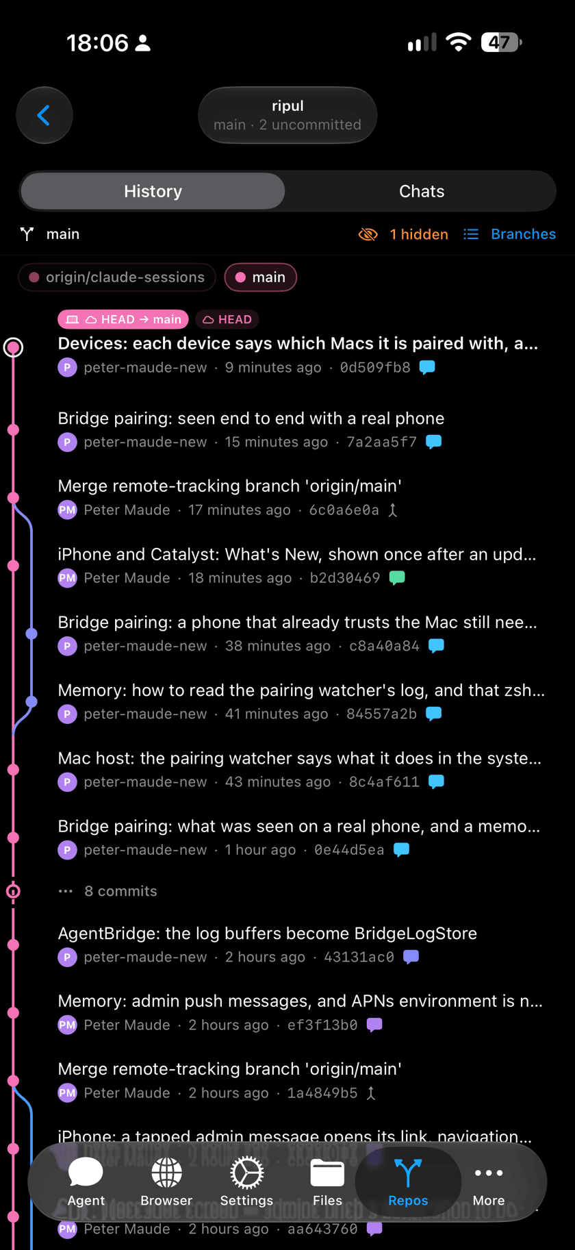A project's history in Ripul on iPhone: changes in order, most followed by a small bubble in the colour of the conversation that made them.