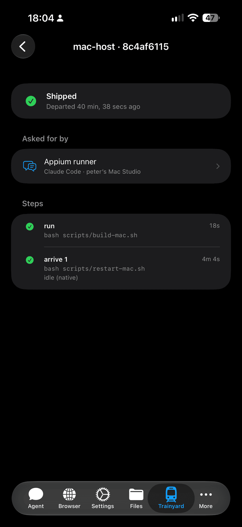 One train in detail on iPhone: who asked for it and how long each step took, including the wait for the agents to finish.