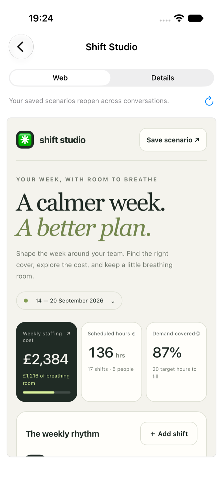 Ripul on iPhone showing Shift Studio, a staffing planner an agent built: this week's cost, hours scheduled and how much of the demand is covered.